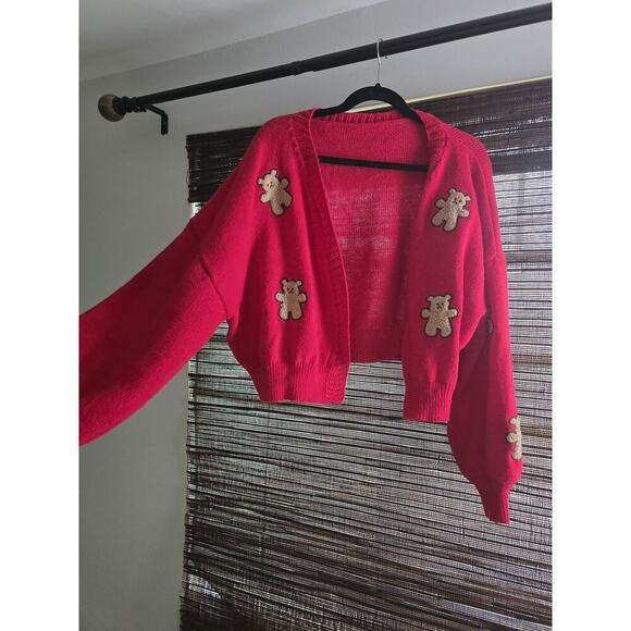 SHEIN Sweaters - Long Sleeve Womens V- Neck Cardigan Deep Pink Color with Cute Bear Pattern - 3XL